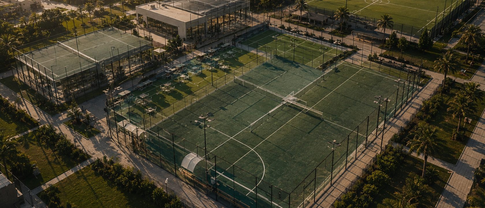 Aerial view of tennis, padel and soccer courts across the TNA network