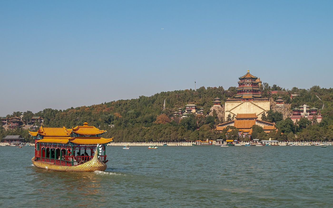 Dragon boat on Kunming Lake below Longevity Hill at the Summer Palace, Beijing, China