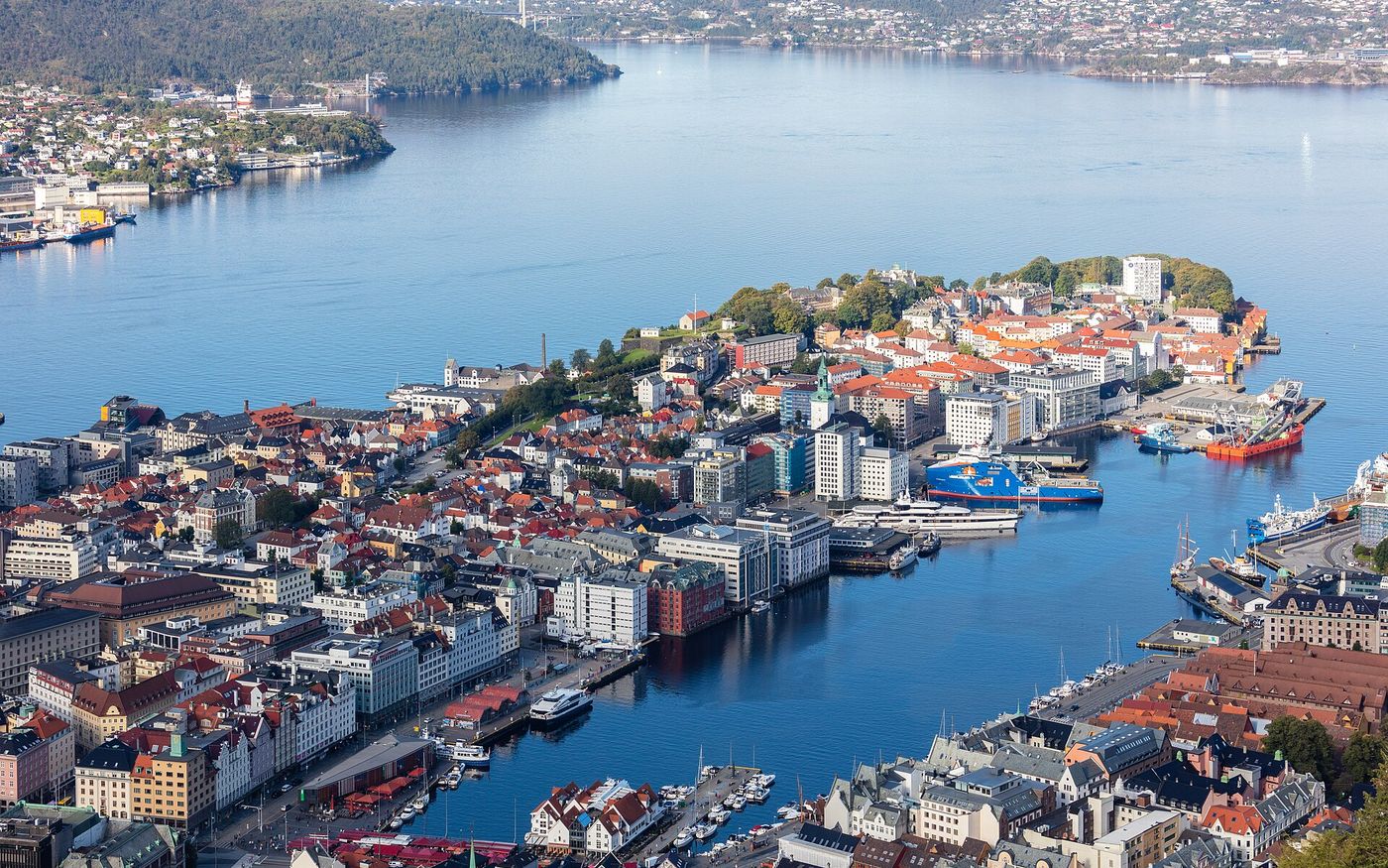 Bergen city centre and harbour seen from Mount Fl&oslash;yen, Norway