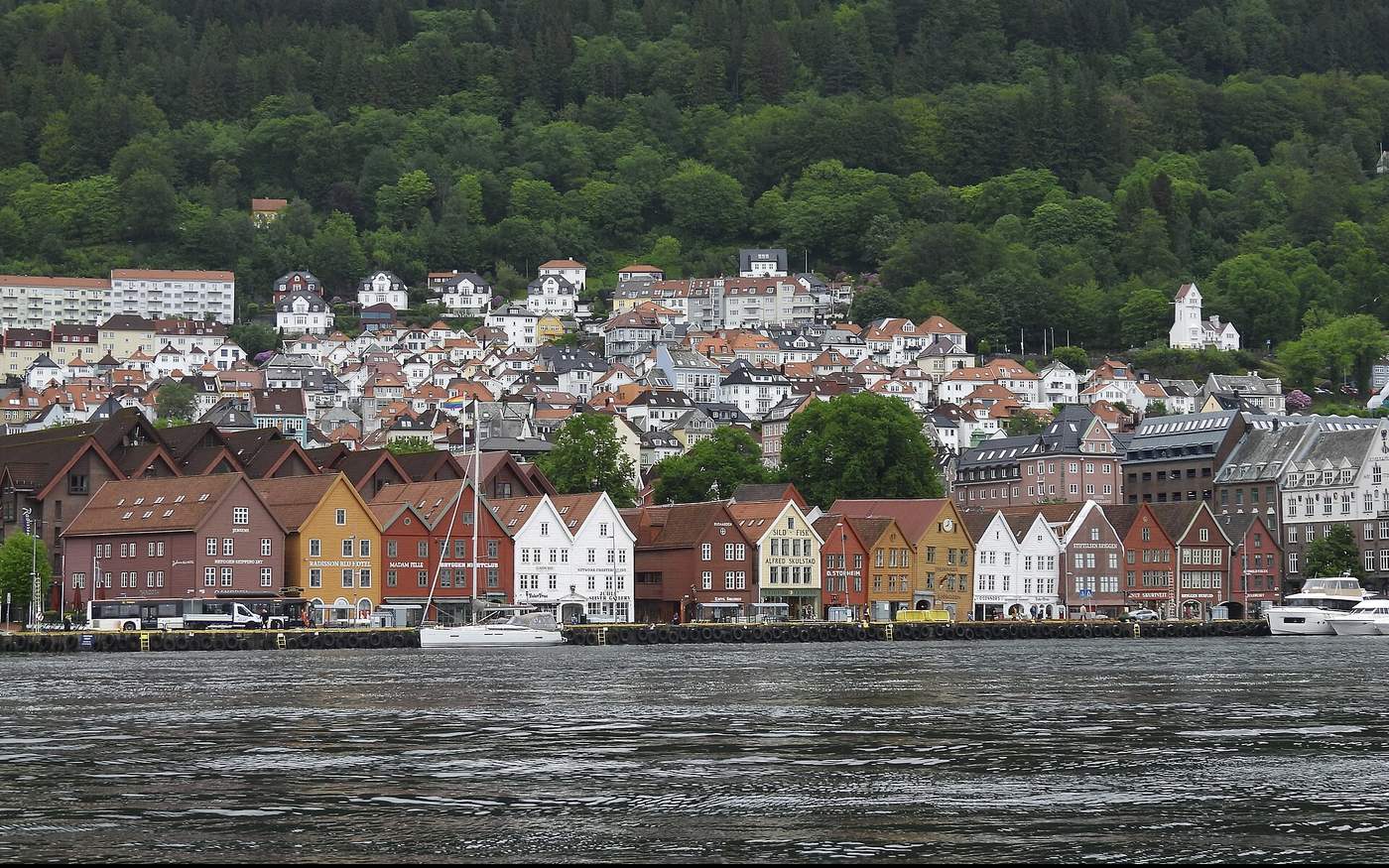 The historic Bryggen wharf buildings on the Bergen waterfront, Norway
