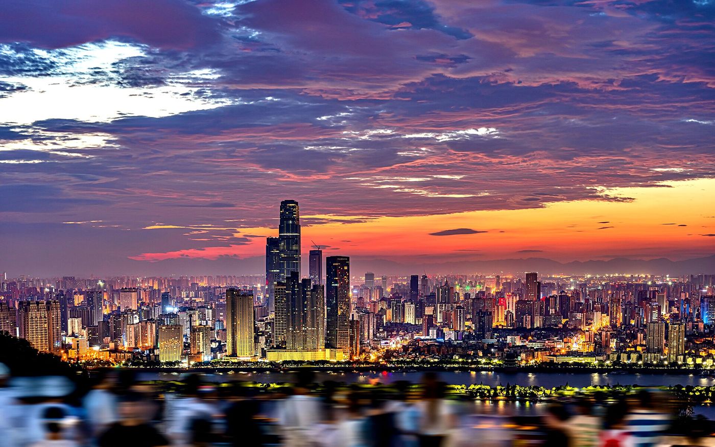 Changsha skyline at sunset seen from Yuelu Mountain, Hunan, China