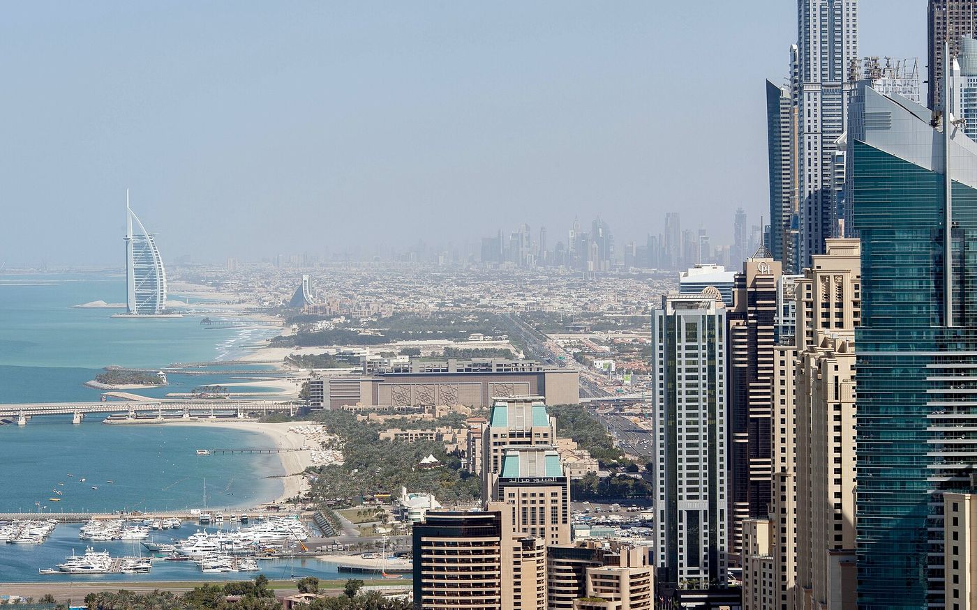 Aerial view of the Dubai coastline with the Burj Al Arab, UAE