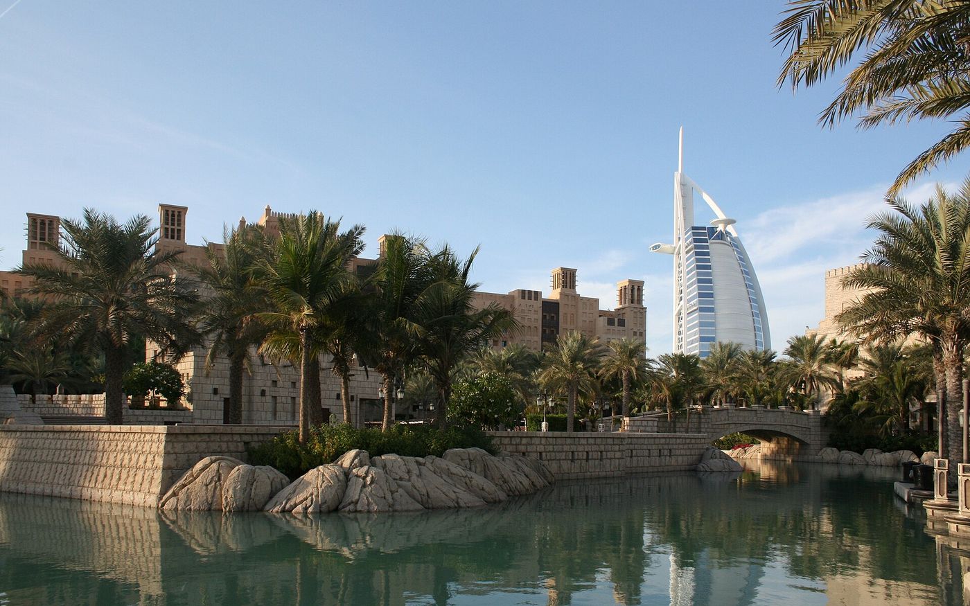 Burj Al Arab seen across the waterways of Madinat Jumeirah, Dubai, UAE