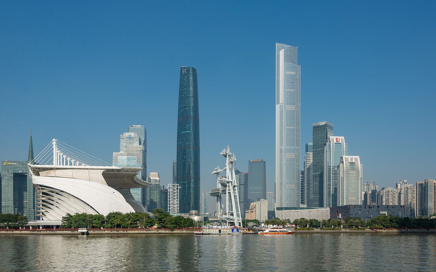 Zhujiang New Town skyline and the Guangzhou Opera House on the Pearl River, Guangzhou, China