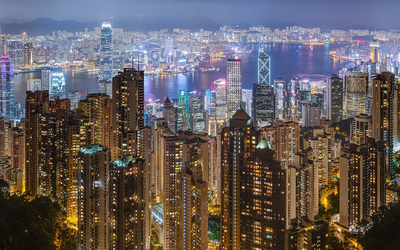 Victoria Harbour and the Hong Kong skyline at night, seen from Victoria Peak