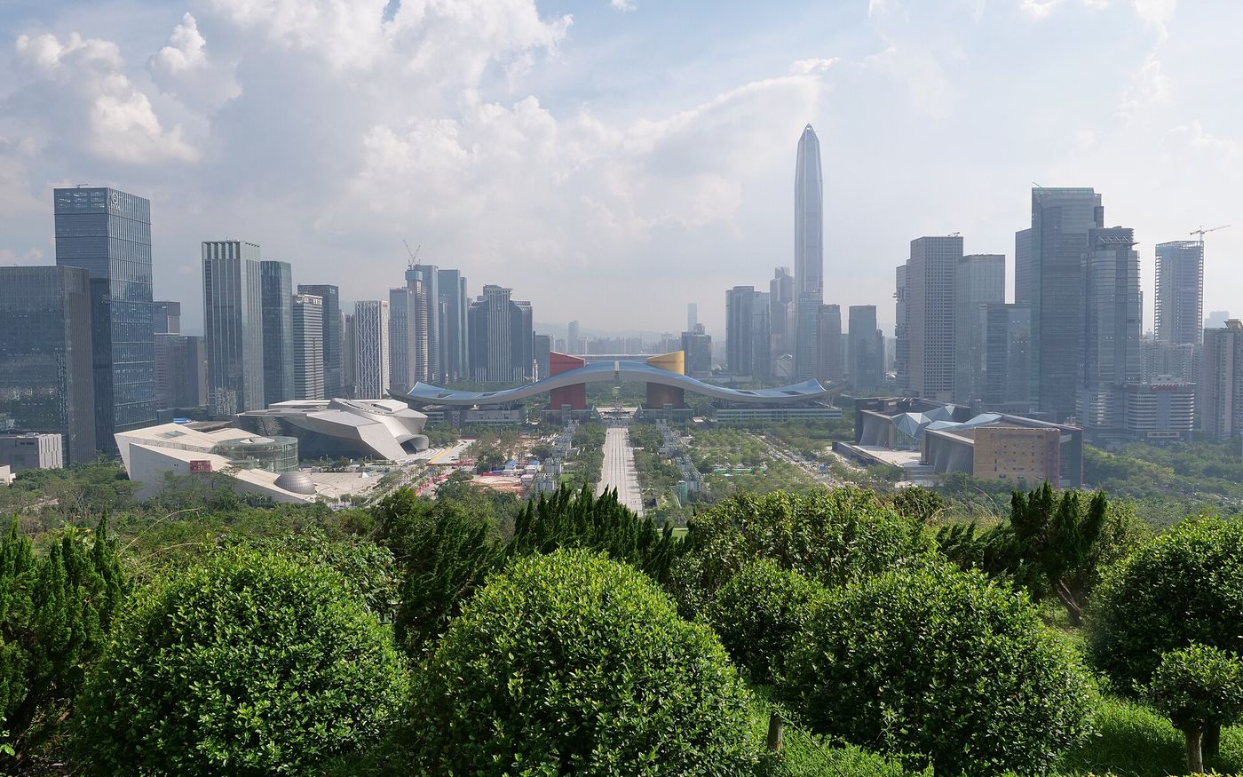 The Shenzhen skyline above the Civic Center and Lianhuashan Park, China