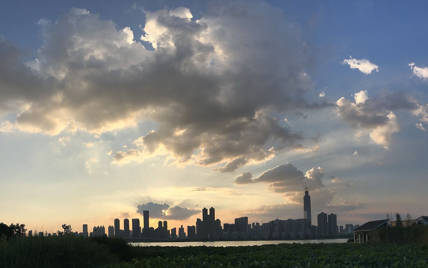 The Wuhan skyline at sunset, China