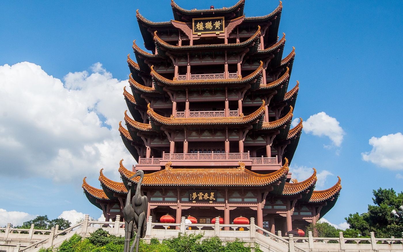 The Yellow Crane Tower under a blue sky in Wuhan, China