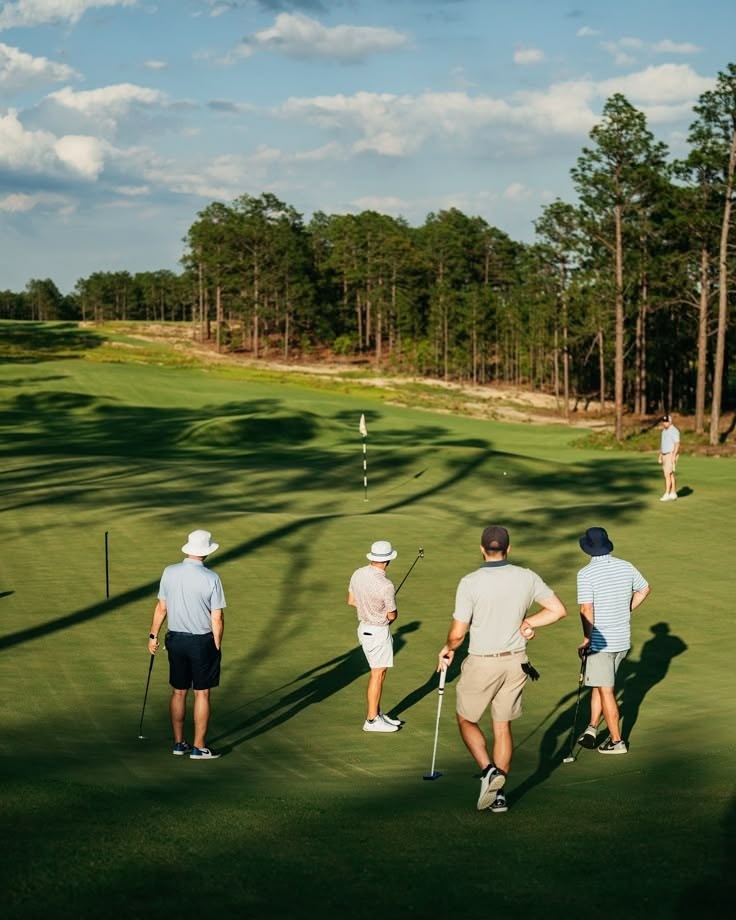 Four golfers walking down a fairway