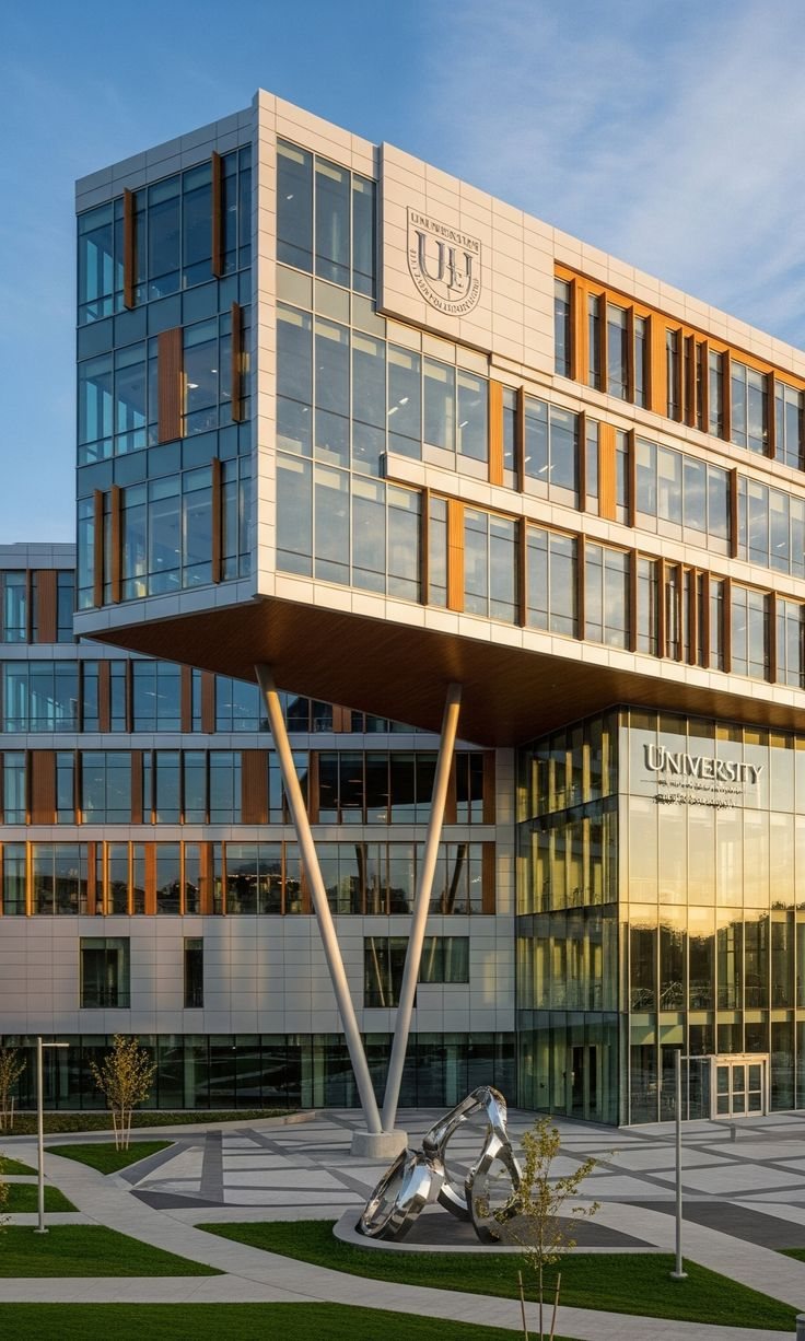 A modern university building on a U.S. campus at golden hour