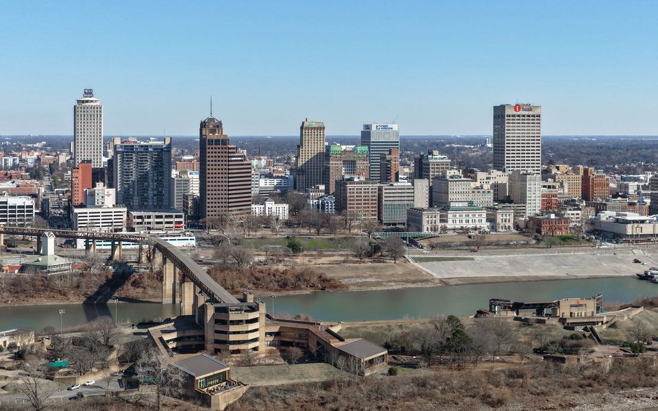 Aerial view across Mud Island and Wolf River Harbor to the downtown Memphis skyline &mdash; the home city of Christian Brothers University