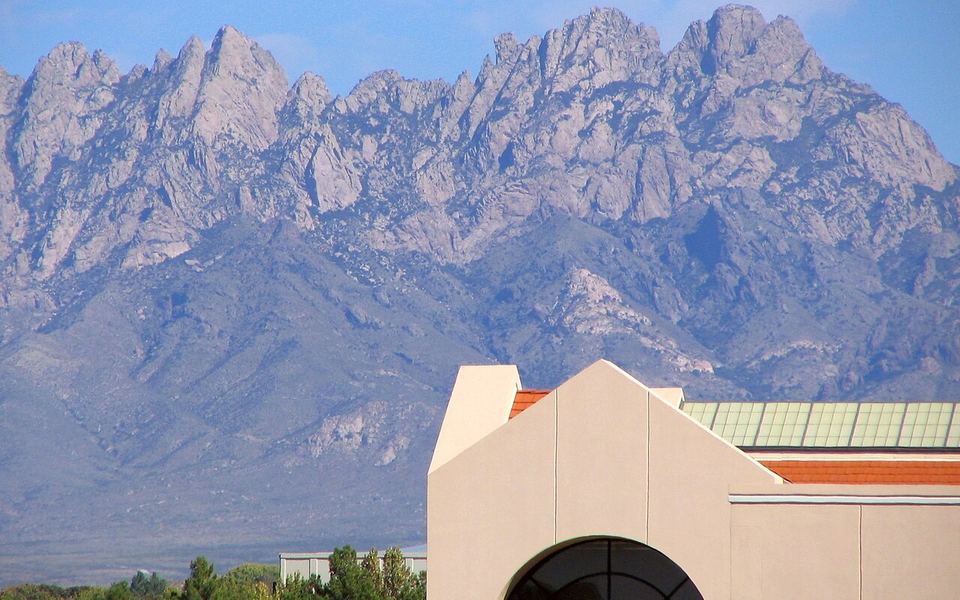 Zuhl Library on New Mexico State University’s Las Cruces campus, beneath the Organ Mountains
